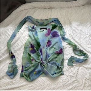 Zara Blue and Purple Floral Scarf Blouse